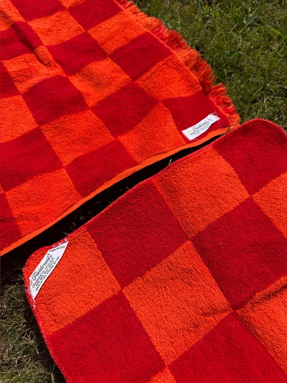Vintage MCM Fieldcrest CHECKERBOARD Hand Towel Red Orange Cotton Washcloth 2 pc